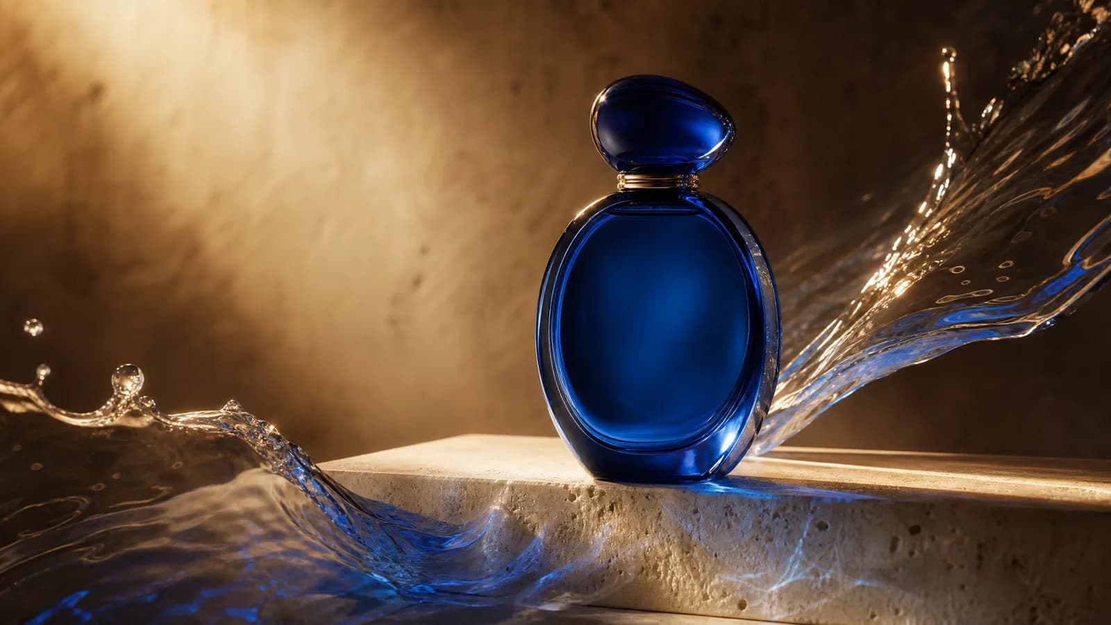Illustrative blue perfume bottle for a video ad concept