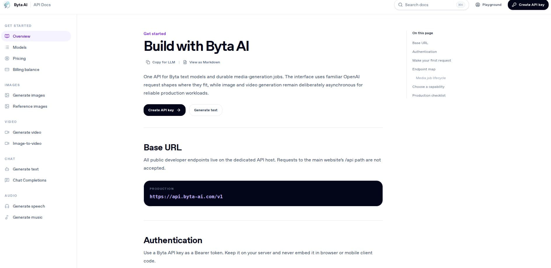 展示模型与端点导航的 Byta AI API 实际文档界面