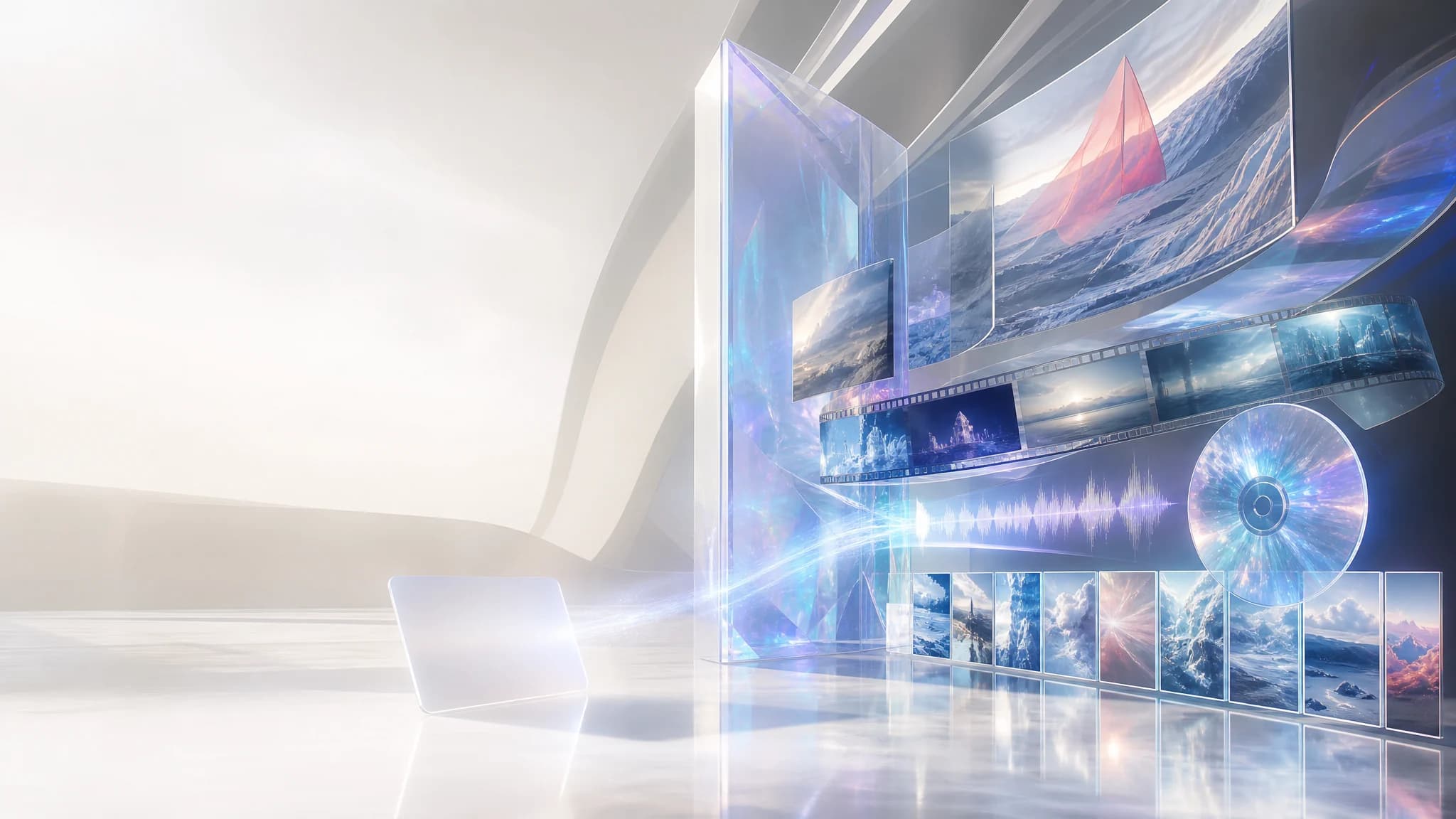 A luminous creative studio where one brief expands into imagery, film, voice, music, story, and a finished gallery