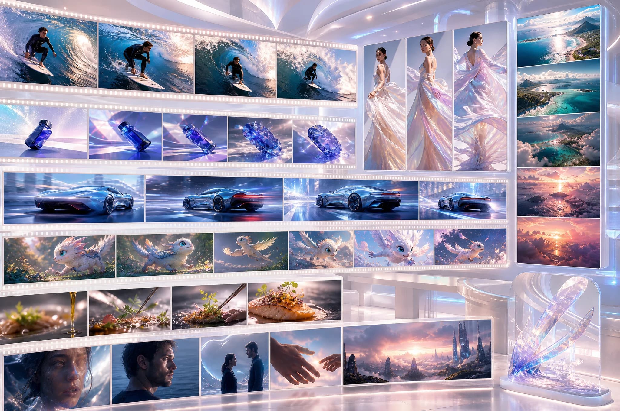A dense cinematic reel of action, fashion, products, vehicles, food, and story scenes