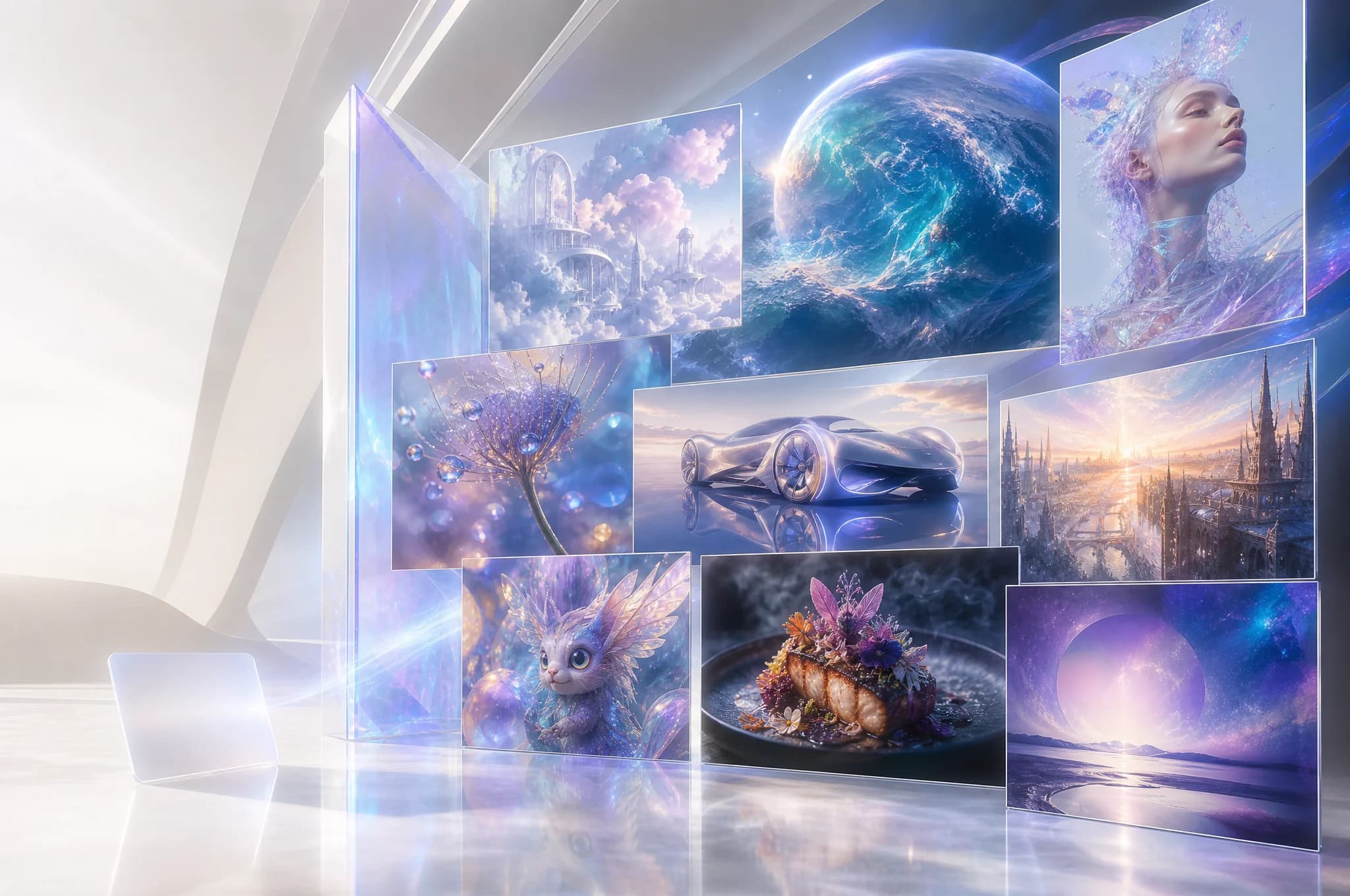 A gallery of imaginative cities, portraits, creatures, vehicles, food, and abstract art