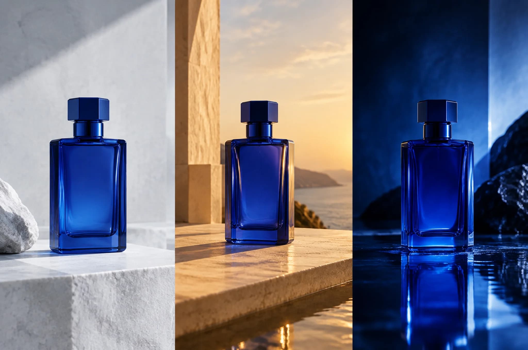 Three visual campaign directions for the same blue product bottle