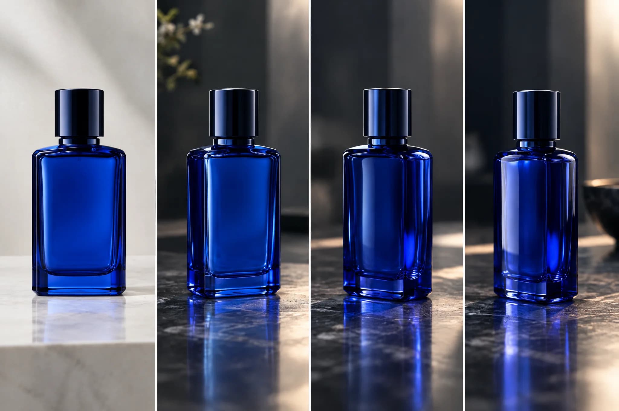 One blue product bottle carried from a source photograph into sequential motion frames