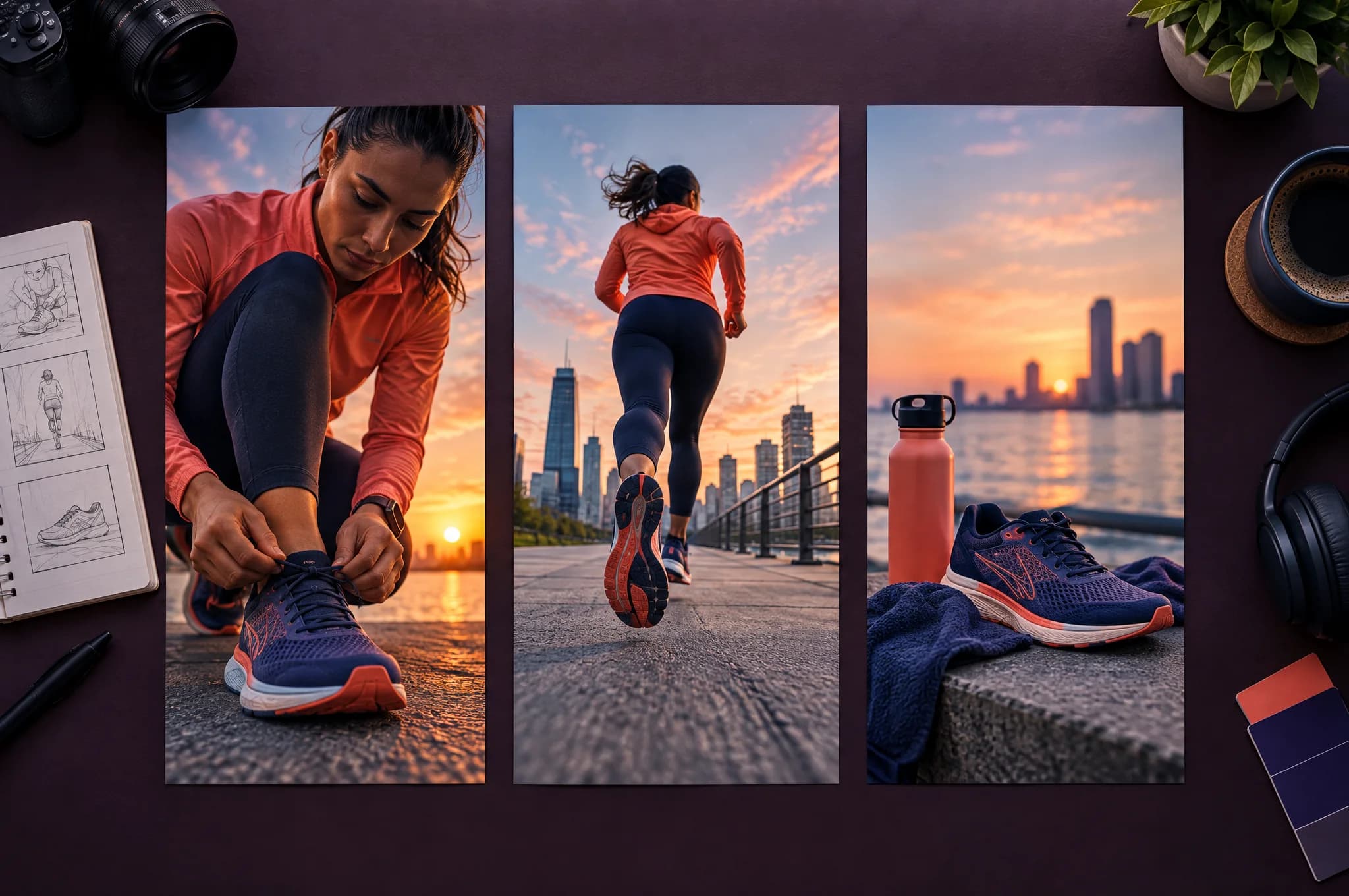 Three vertical frames planning an athletic short-form video sequence
